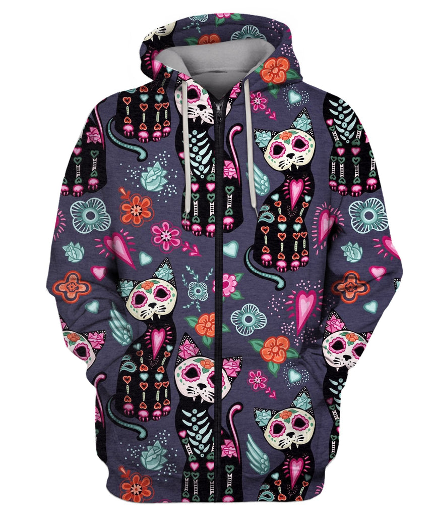 Cats And Colorful Decorative Flowers. Zip Hoodie