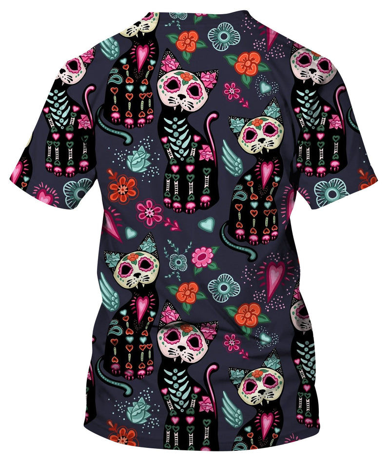 Cats And Colorful Decorative Flowers. T-Shirt