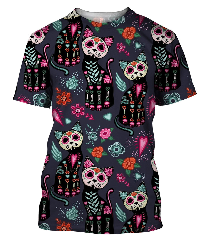 Cats And Colorful Decorative Flowers. T-Shirt