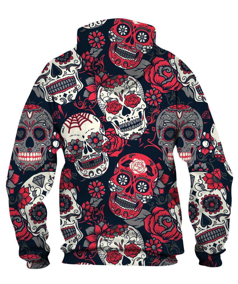 Sugar Skull With Floral Ornament Zip Hoodie