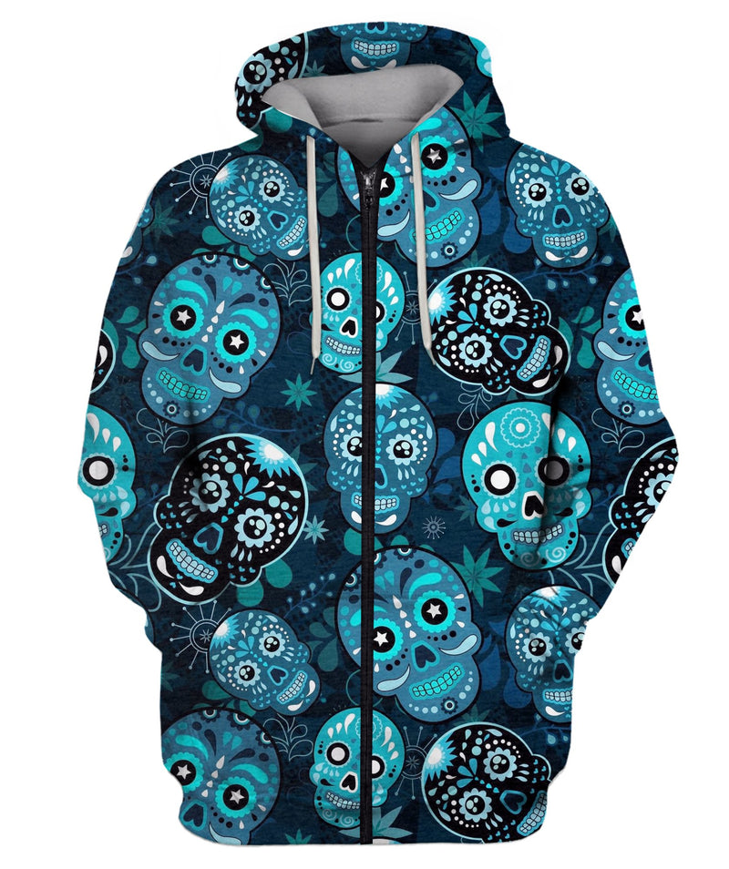 Sugar Skull With Floral Ornament And Flower Zip Hoodie