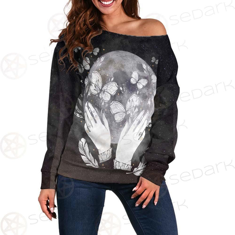 Wicca Moon And Hands SED-0152 Off Shoulder Sweaters