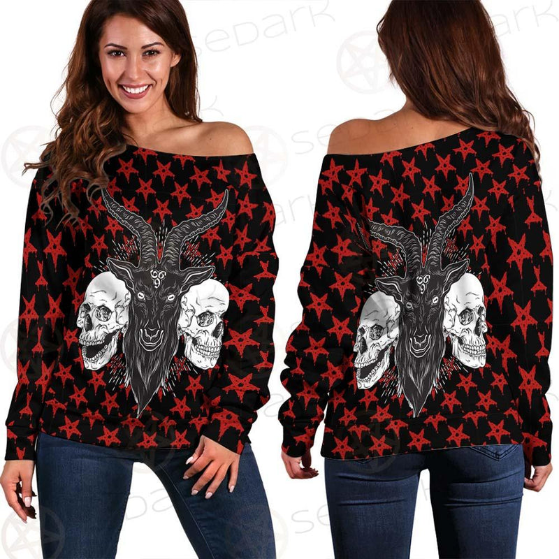 Baphomet Demon Goat Head And Human Skulls SED-0355 Off Shoulder Sweaters