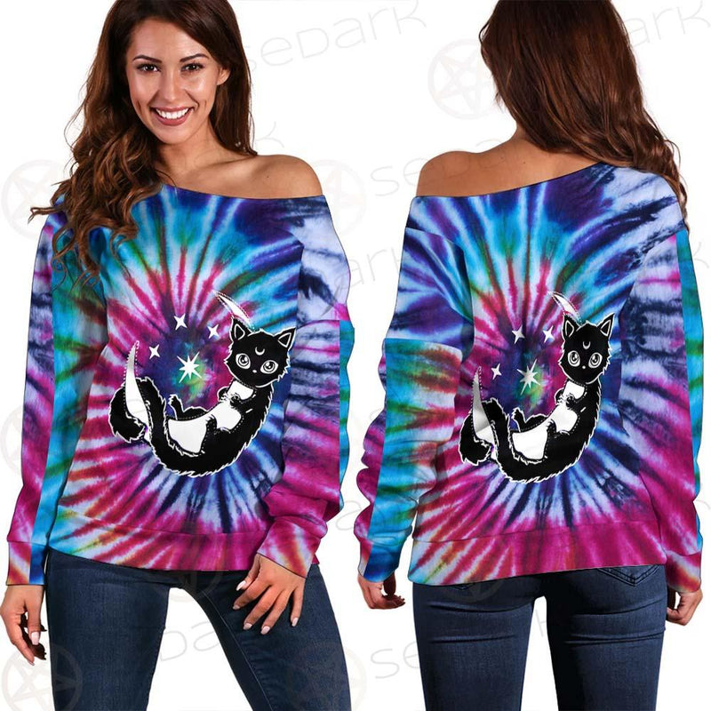 Gothic Cat Background Spill Color SED-0377 Off Shoulder Sweaters