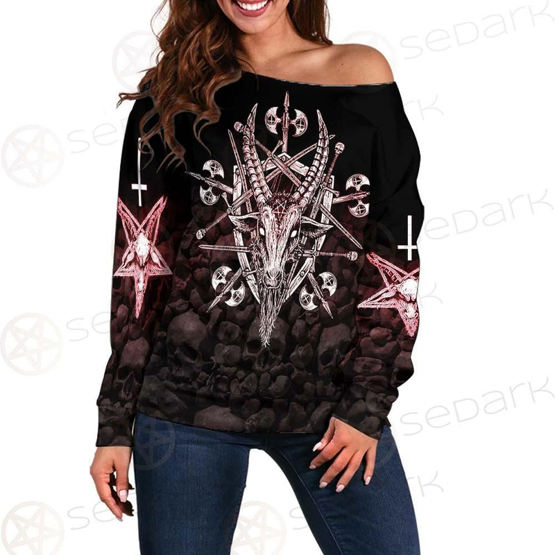 Satan Skull Cross Inverted SED-0528 Off Shoulder Sweaters
