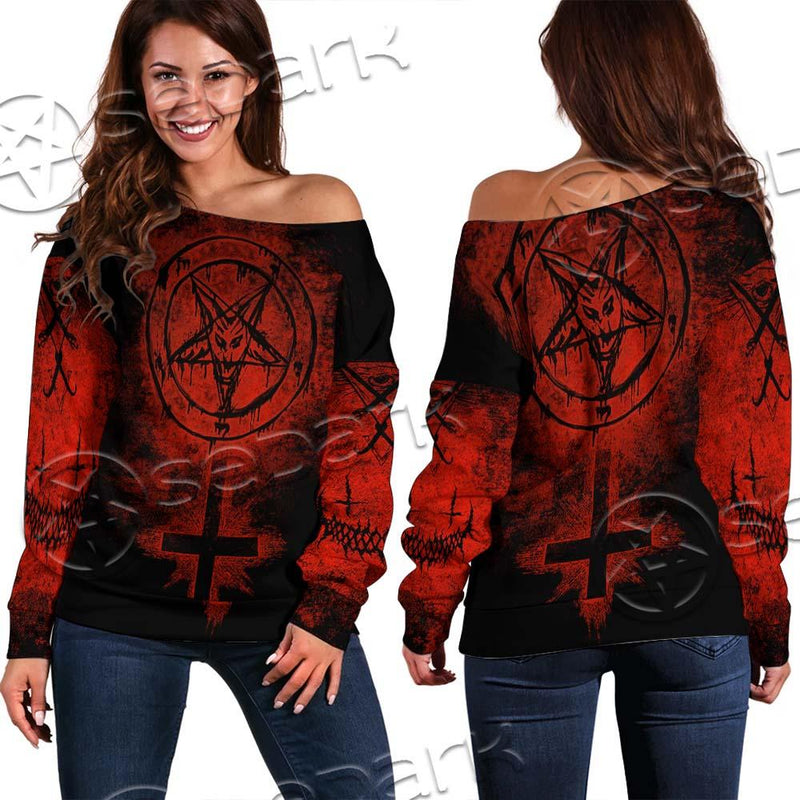 Red Sigil Of Baphomet SED-0658 Off Shoulder Sweaters