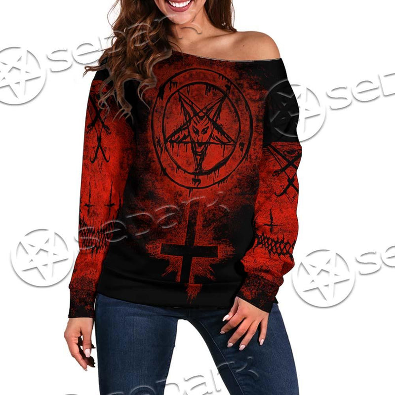 Red Sigil Of Baphomet SED-0658 Off Shoulder Sweaters