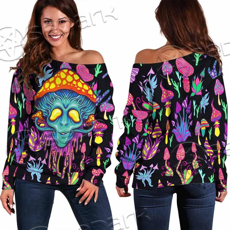 Alien Magic Mushrooms Psychedelic SED-0872 Off Shoulder Sweaters