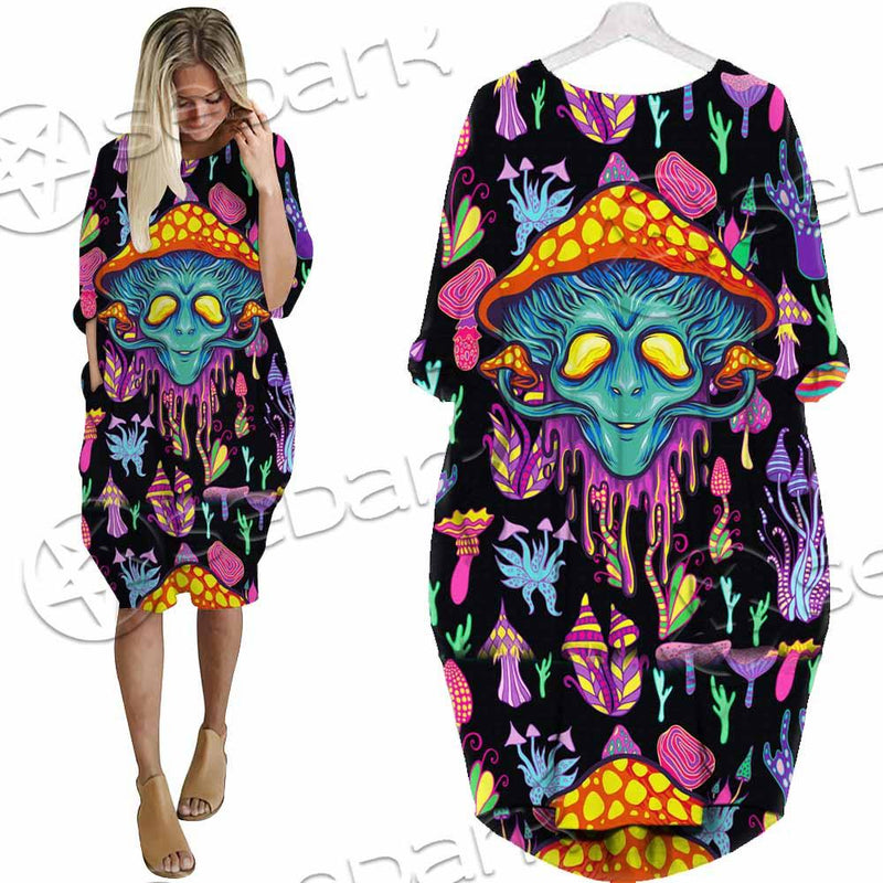 Alien Magic Mushrooms Psychedelic SED-0872 Batwing Pocket Dress