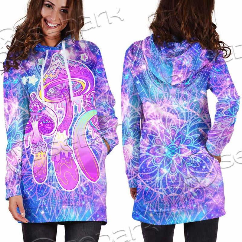 Psychedelic Seamless Magic Mushrooms Over Sacred Geometry SED-0877 Hoodie Dress
