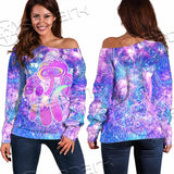 Psychedelic Seamless Magic Mushrooms Over Sacred Geometry SED-0877 Off Shoulder Sweaters