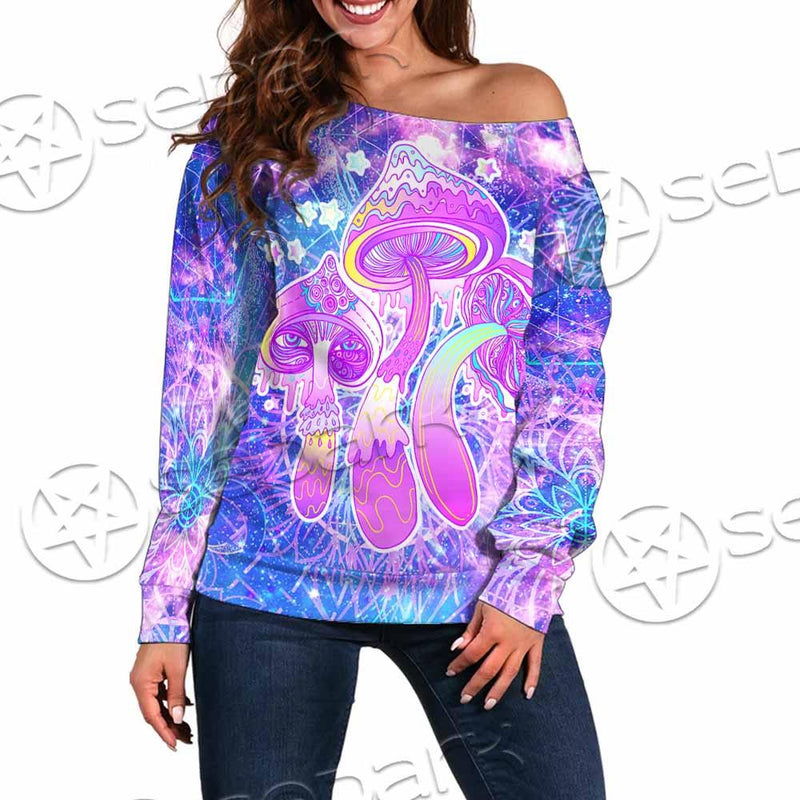 Psychedelic Seamless Magic Mushrooms Over Sacred Geometry SED-0877 Off Shoulder Sweaters