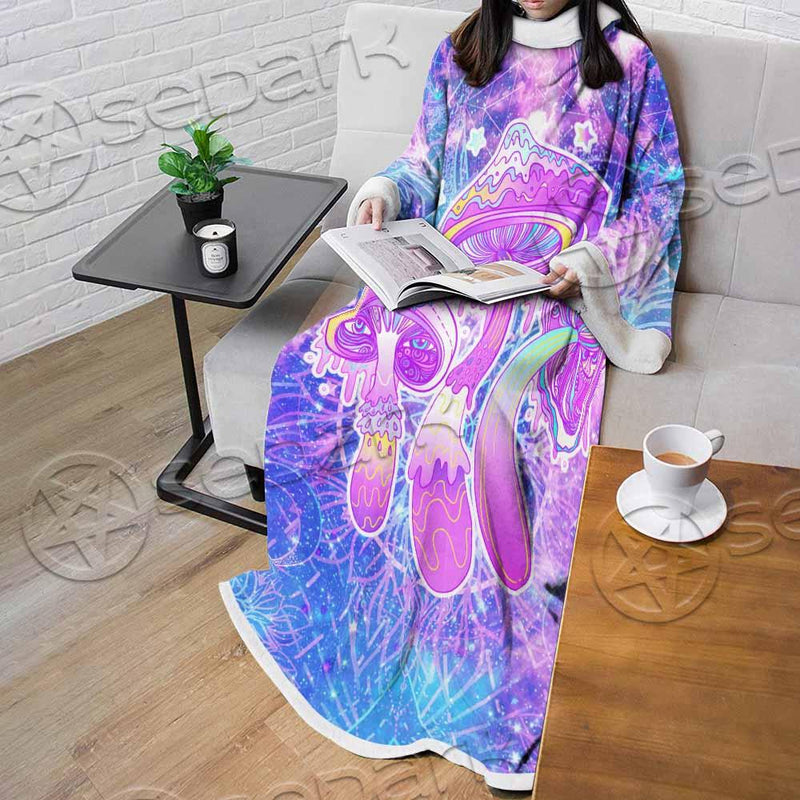 Psychedelic Seamless Magic Mushrooms Over Sacred Geometry SED-0877 Sleeved Blanket