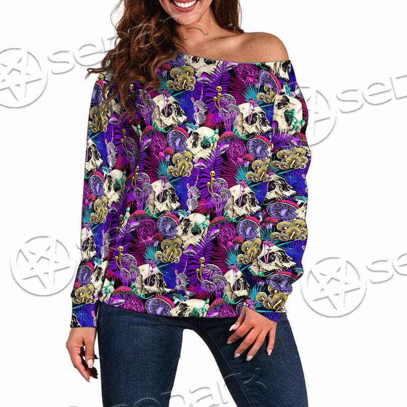 Psychedelic Mushrooms And Skulls SED-0881 Off Shoulder Sweaters