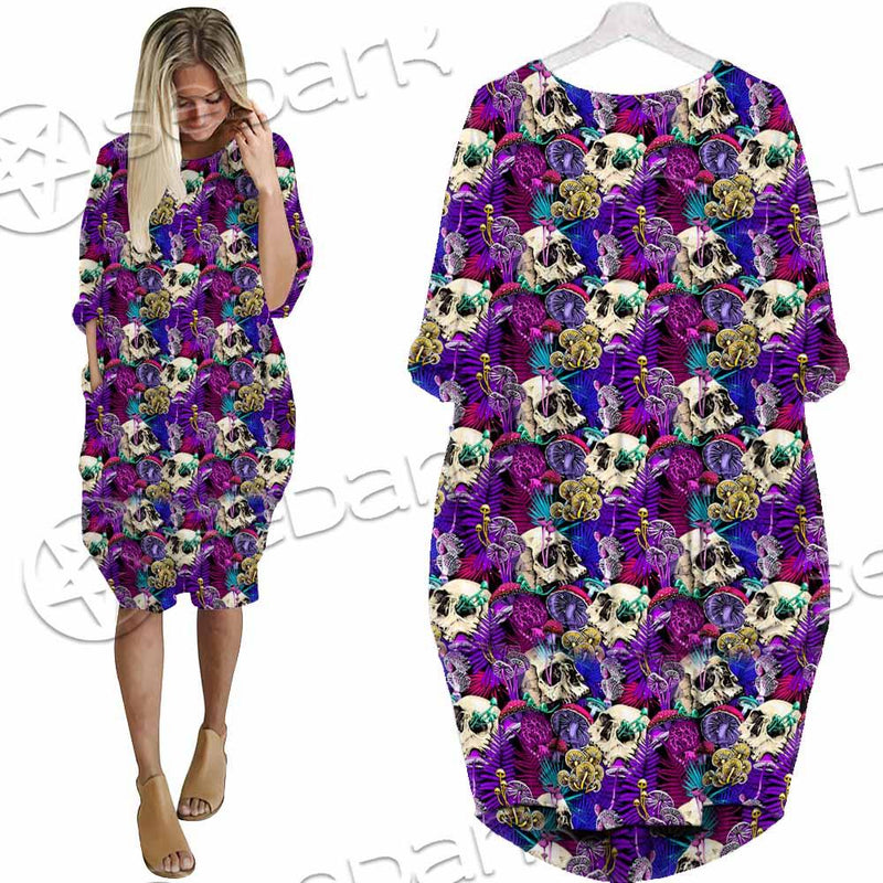 Psychedelic Mushrooms And Skulls SED-0881 Batwing Pocket Dress