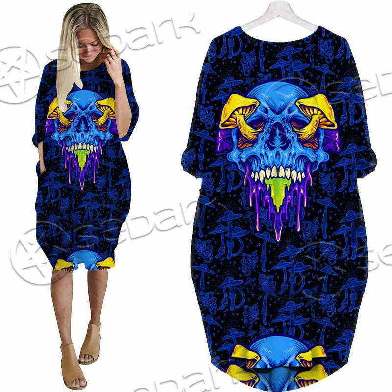 Psychedelic Blue Glowing Mushrooms SED-0882 Batwing Pocket Dress