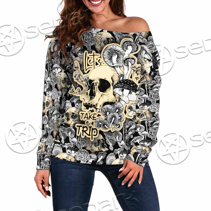 Magic Psychedelic Mushrooms And Skulls SED-0883 Off Shoulder Sweaters