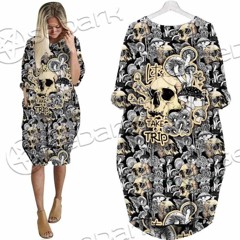 Magic Psychedelic Mushrooms And Skulls SED-0883 Batwing Pocket Dress