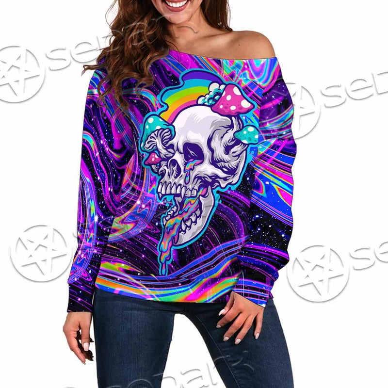 Magic Mushroom And Trippy Vomit Skull SED-0884 Off Shoulder Sweaters