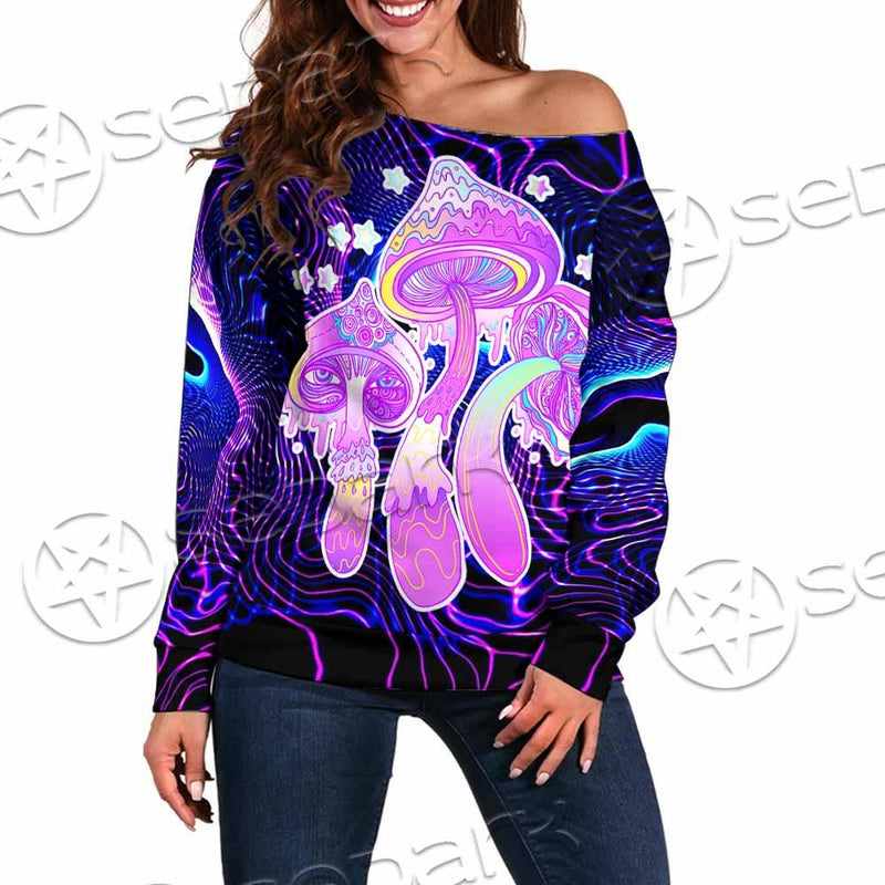 Magic Mushrooms Over Sacred Geometry SED-0885 Off Shoulder Sweaters