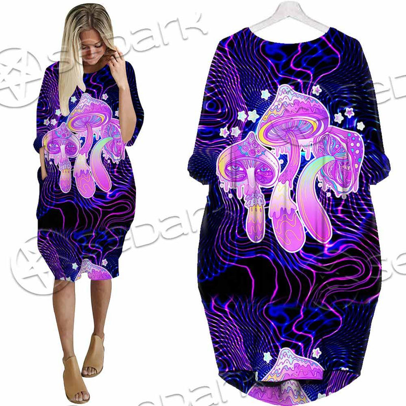 Magic Mushrooms Over Sacred Geometry SED-0885 Batwing Pocket Dress