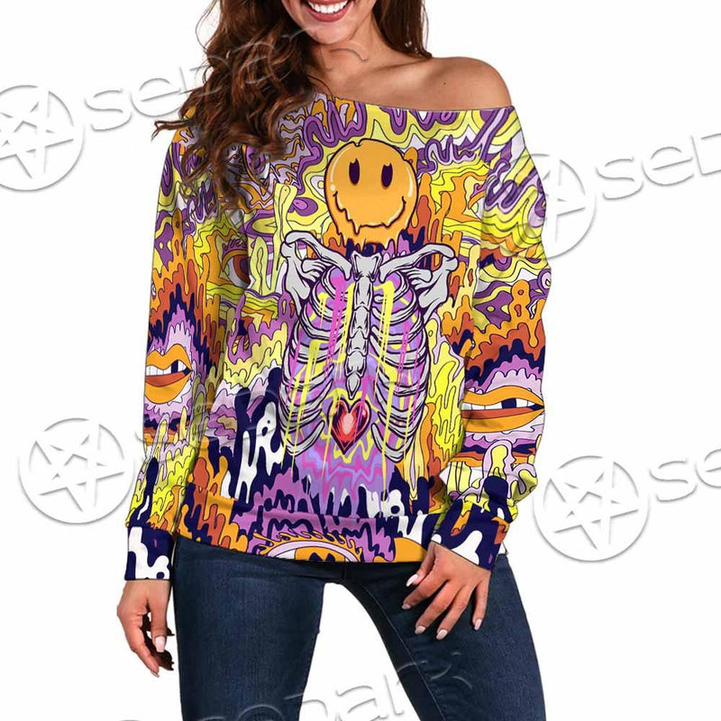 Psychedelic Trippy Skeleton SED-0916 Off Shoulder Sweaters