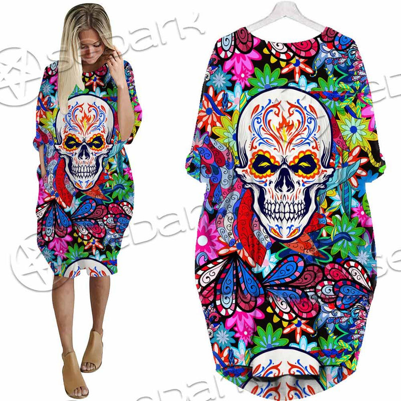 Psychedelic Horror Skull SED-0922 Batwing Pocket Dress