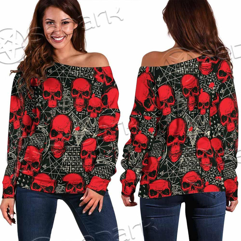 Satanic Red Skull Symbols Pattern SED-0930 Off Shoulder Sweaters