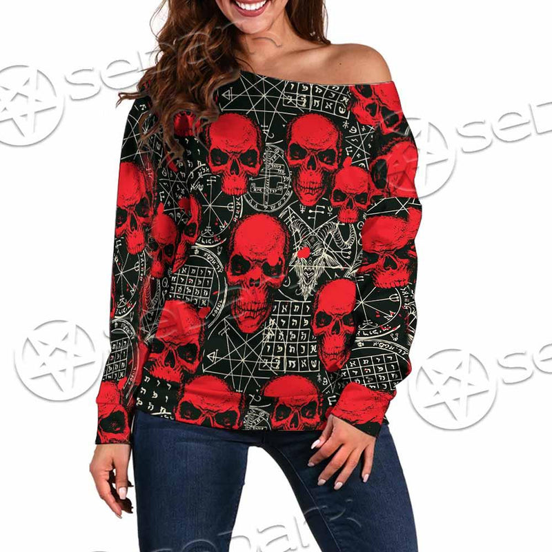 Satanic Red Skull Symbols Pattern SED-0930 Off Shoulder Sweaters
