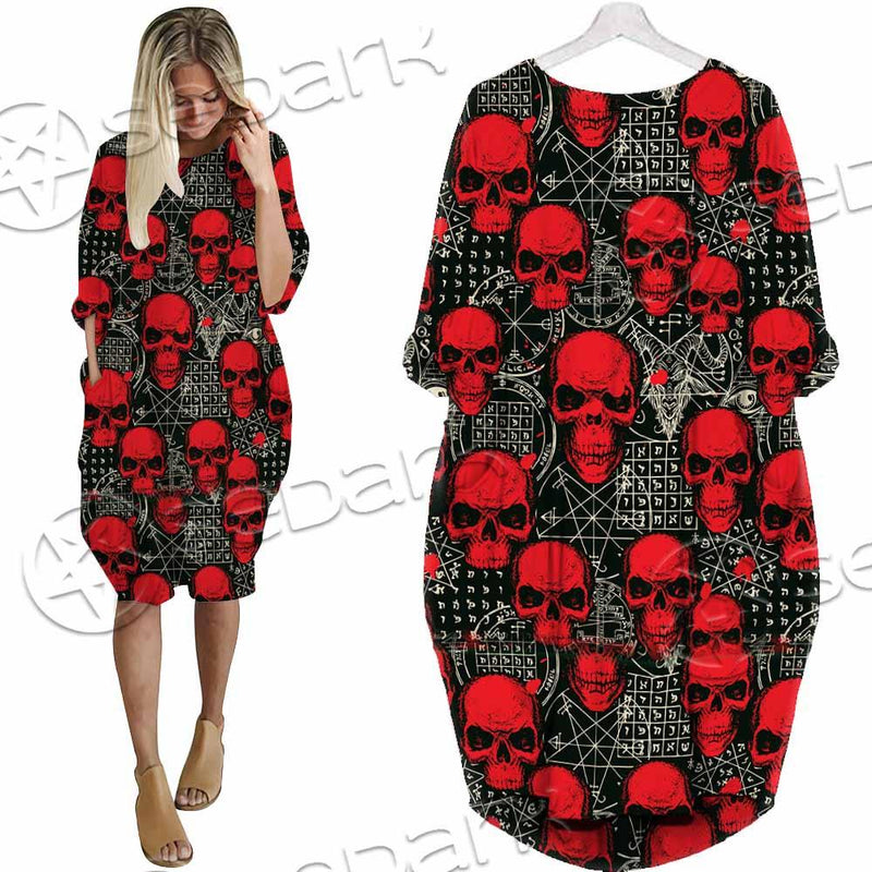 Satanic Red Skull Symbols Pattern SED-0930 Batwing Pocket Dress