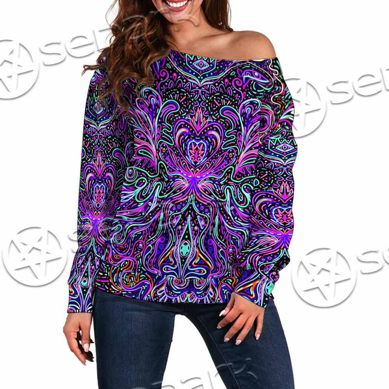 Psychedelic Hypnotic Shamanic Acidic Eye SED-0970 Off Shoulder Sweaters