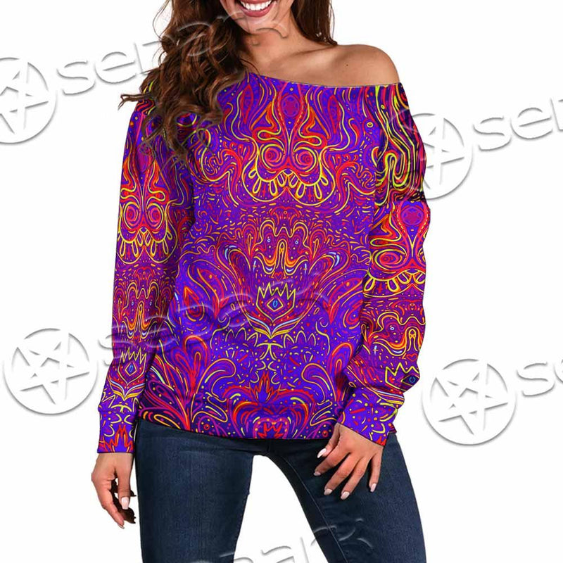 Purple Psychedelic Hypnotic Shamanic Acidic Eye SED-0971 Off Shoulder Sweaters