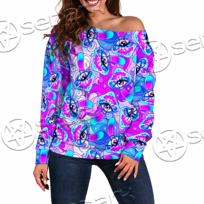 Magic Mushrooms Psychedelic Hallucination SED-0981 Off Shoulder Sweaters