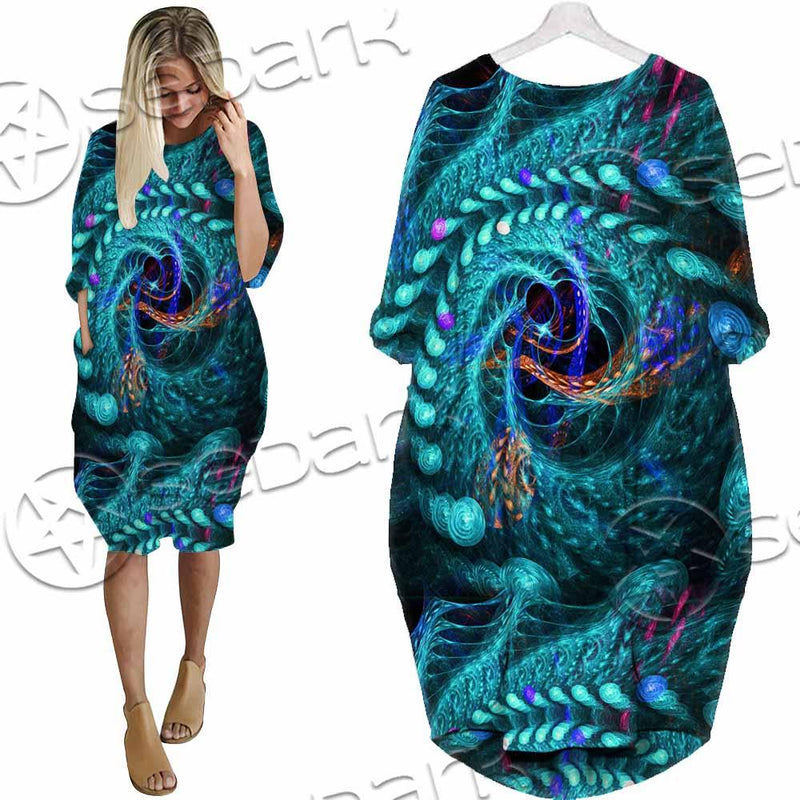 Fractal Colored Abstract Round Curves And Lines SED-1000 Batwing Pocket Dress