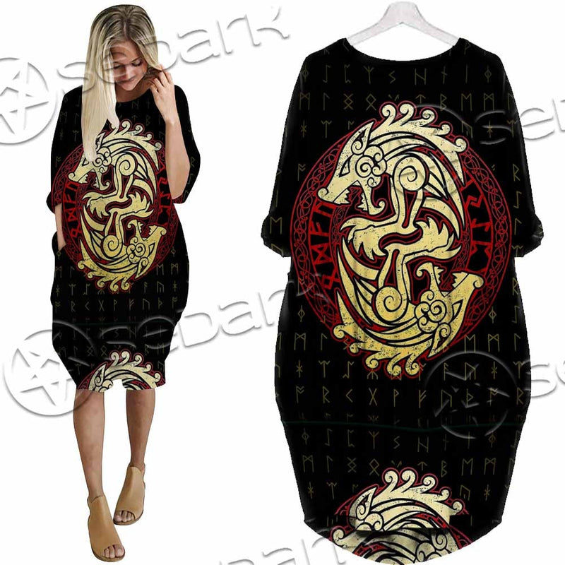 Viking Dragon Norse Mythology Valknut Nordic SED-1011 Batwing Pocket Dress