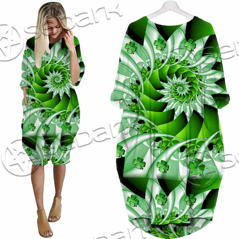 Clover Green Fractal St.Patrick'S Day SED-1022 Batwing Pocket Dress