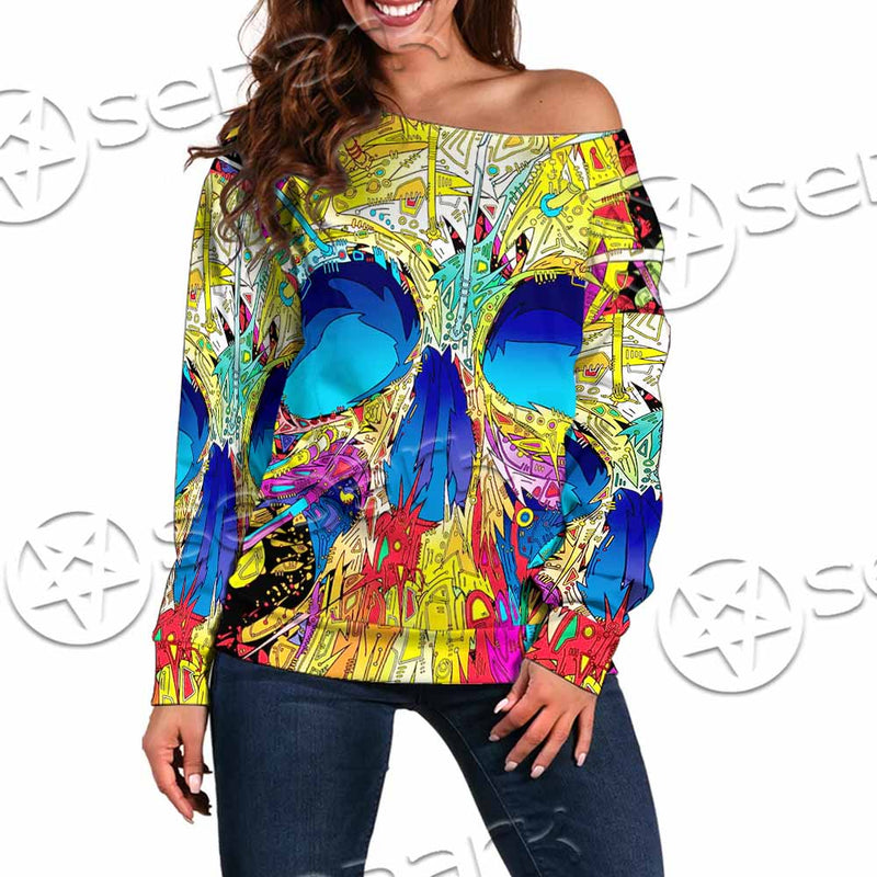 Abstract Crazy Skull SED-1034 Off Shoulder Sweaters