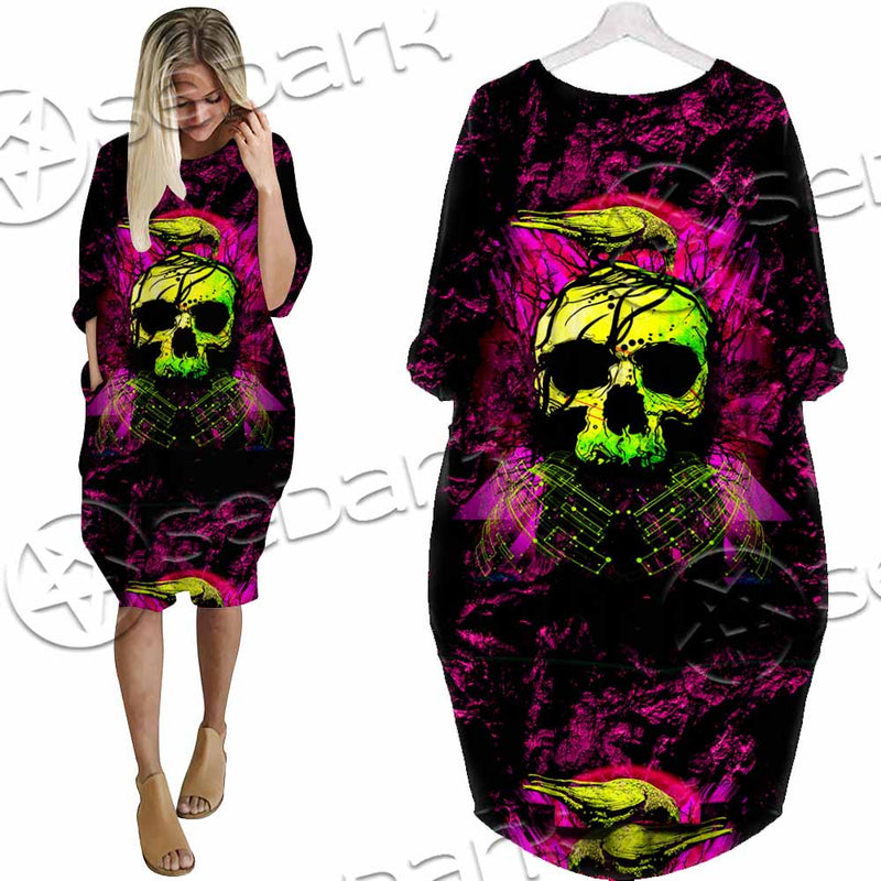 Psychedelic Creepy Skull SED-1046 Batwing Pocket Dress
