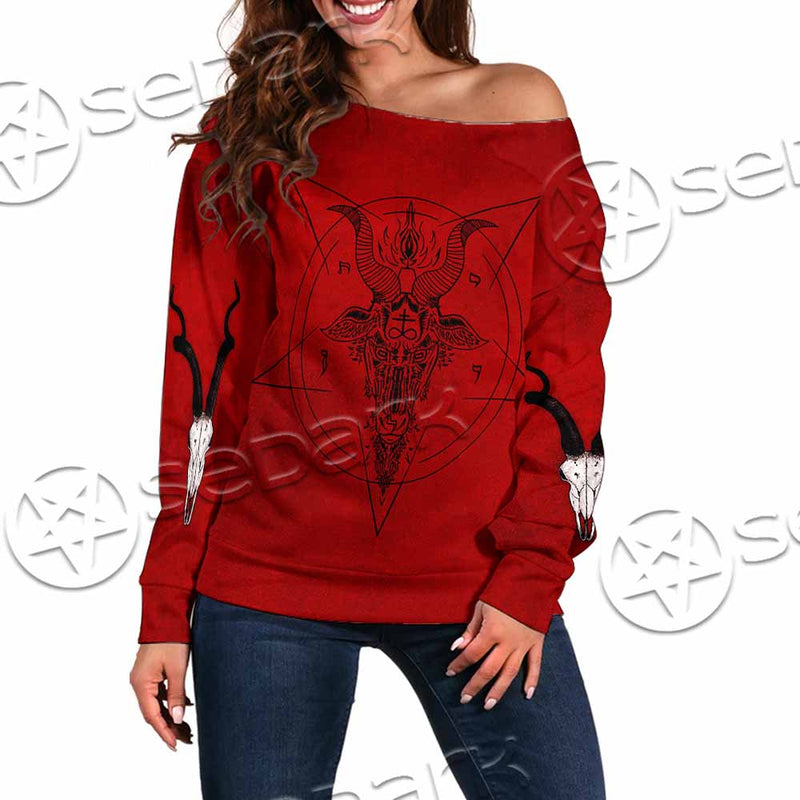 Pentagram With Demon Baphomet Satanic Goat Head SED-1051 Off Shoulder Sweaters