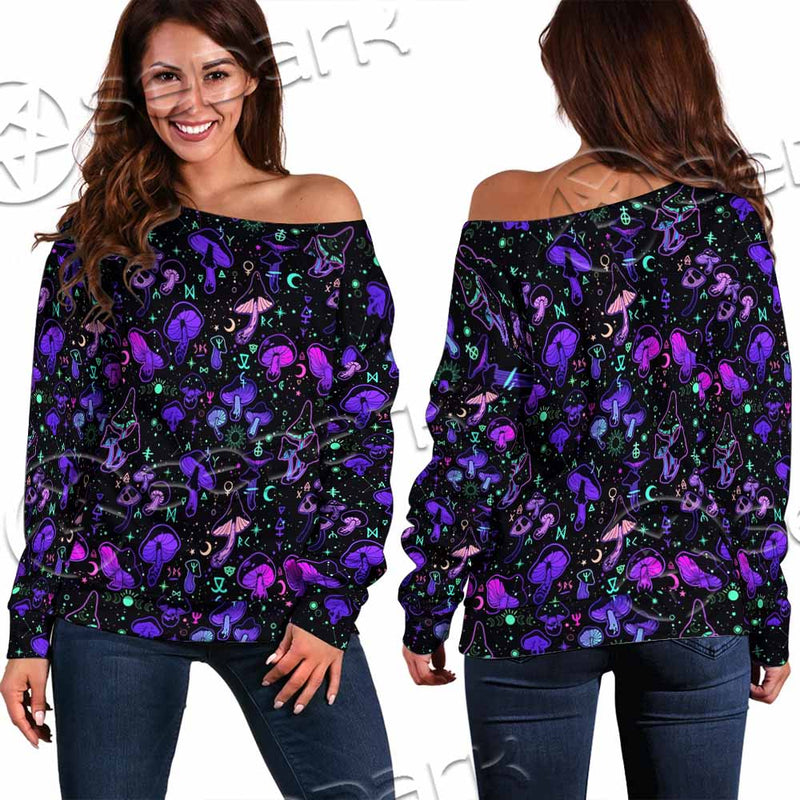 Seamless Illustration Mushrooms Bright Psychedelic SED-1090 Off Shoulder Sweaters