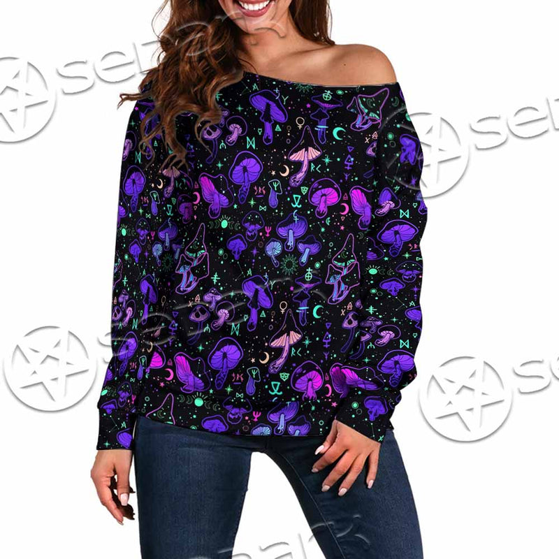 Seamless Illustration Mushrooms Bright Psychedelic SED-1090 Off Shoulder Sweaters