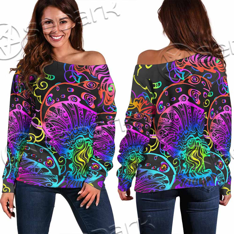 Hallucinogenic Mushrooms SED-1092 Off Shoulder Sweaters