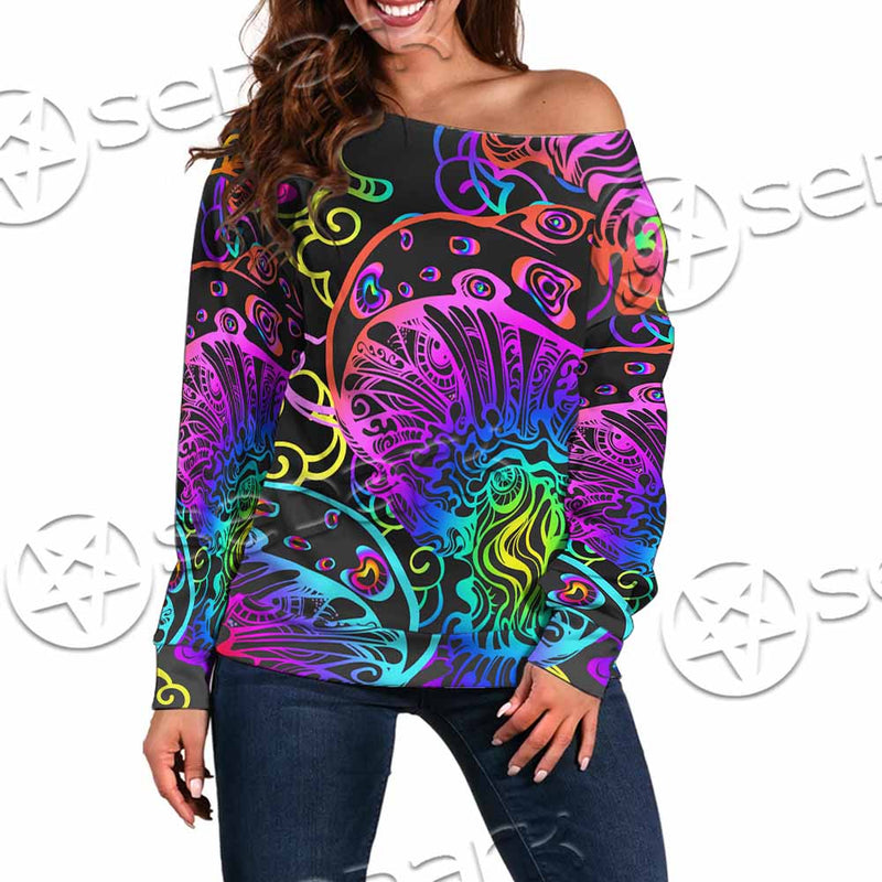 Hallucinogenic Mushrooms SED-1092 Off Shoulder Sweaters