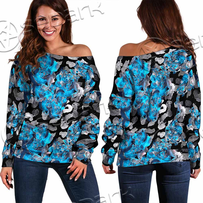 Watercolor Roses, Peony And Leaves Seamless Pattern SED-1119 Off Shoulder Sweaters
