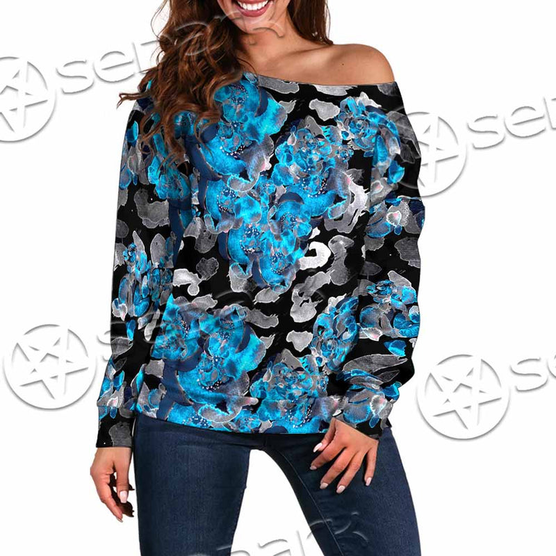 Watercolor Roses, Peony And Leaves Seamless Pattern SED-1119 Off Shoulder Sweaters