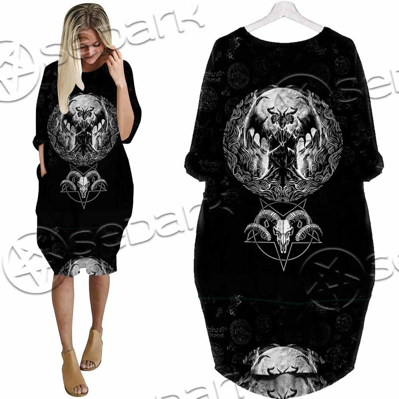 Baphomet Goat Head Hand Drawn SED-1120 Batwing Pocket Dress