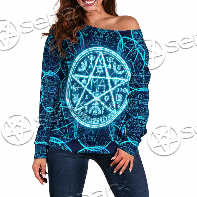Fantasy Symbols And Pentagram On Blue SED-1138 Off Shoulder Sweaters