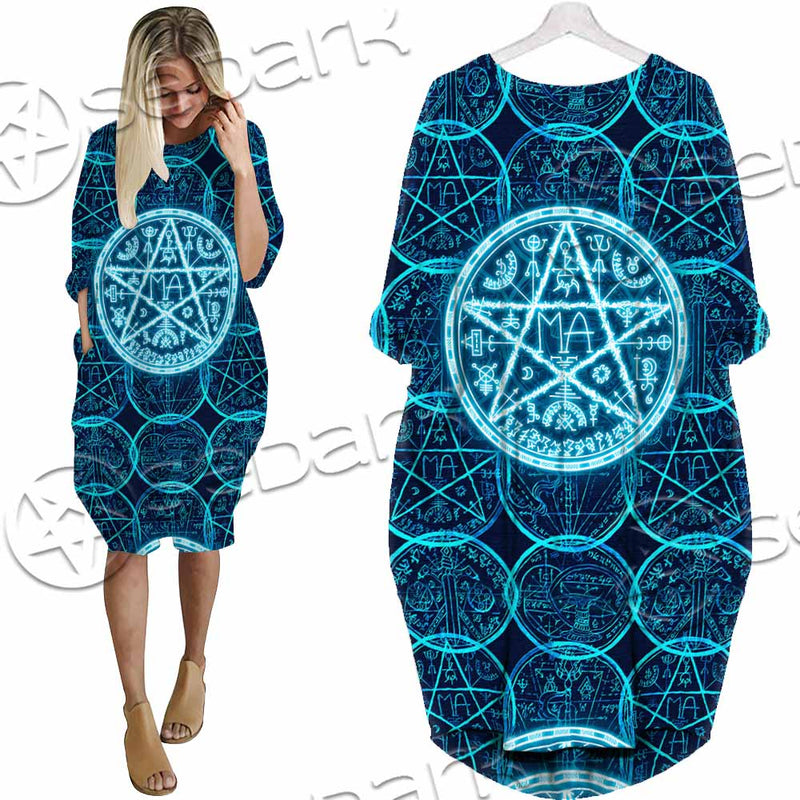 Fantasy Symbols And Pentagram On Blue SED-1138 Batwing Pocket Dress