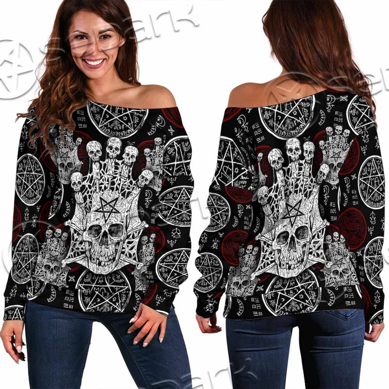 Evil Skull And Pentagram On Red SED-1157 Off Shoulder Sweaters