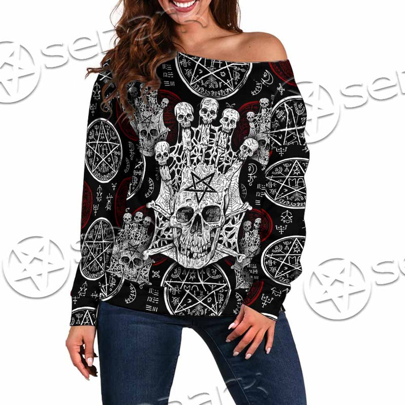 Evil Skull And Pentagram On Red SED-1157 Off Shoulder Sweaters